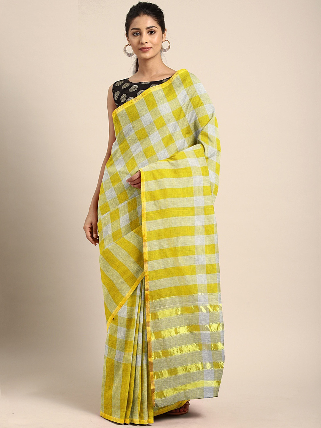 

Pavechas Yellow & White Pure Cotton Checked Venkatgiri Saree