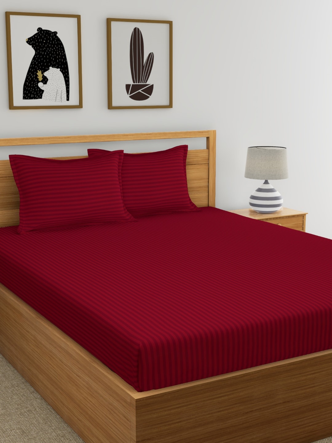 

URBAN SPACE Maroon Striped 210 TC Cotton 1 King Bedsheet with 2 Pillow Covers