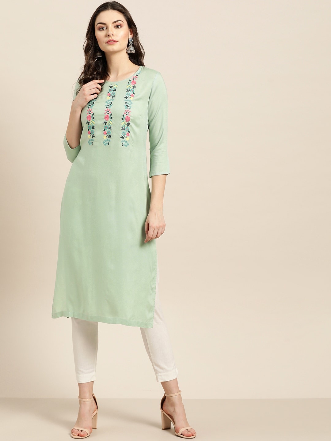 

Moda Rapido Women Floral Embroidered Yoke Design Viscose Rayon Straight Kurta, Green