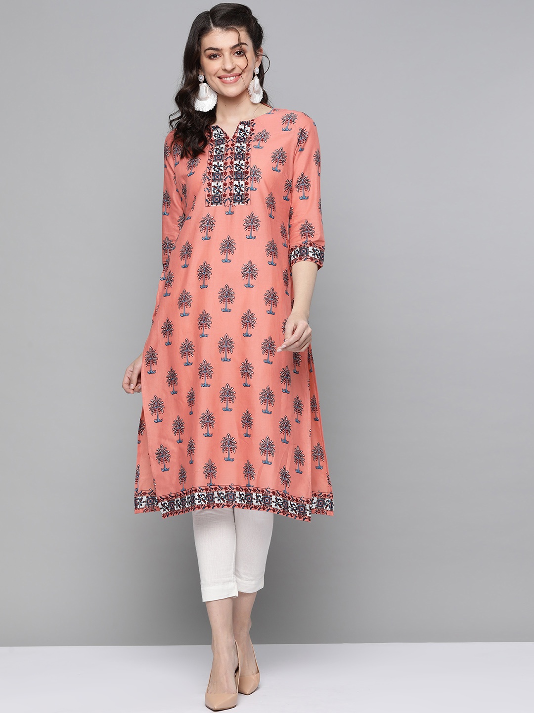 

HERE&NOW Women Peach-Coloured & Off-White Printed Straight Kurta, Pink