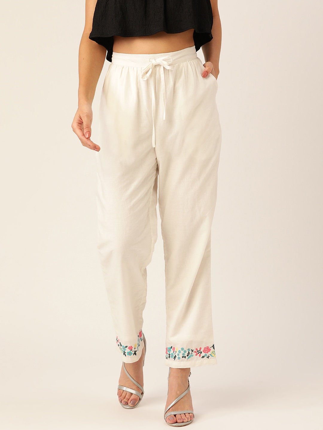 

Moda Rapido Women Off-White Hem Design Straight Palazzos