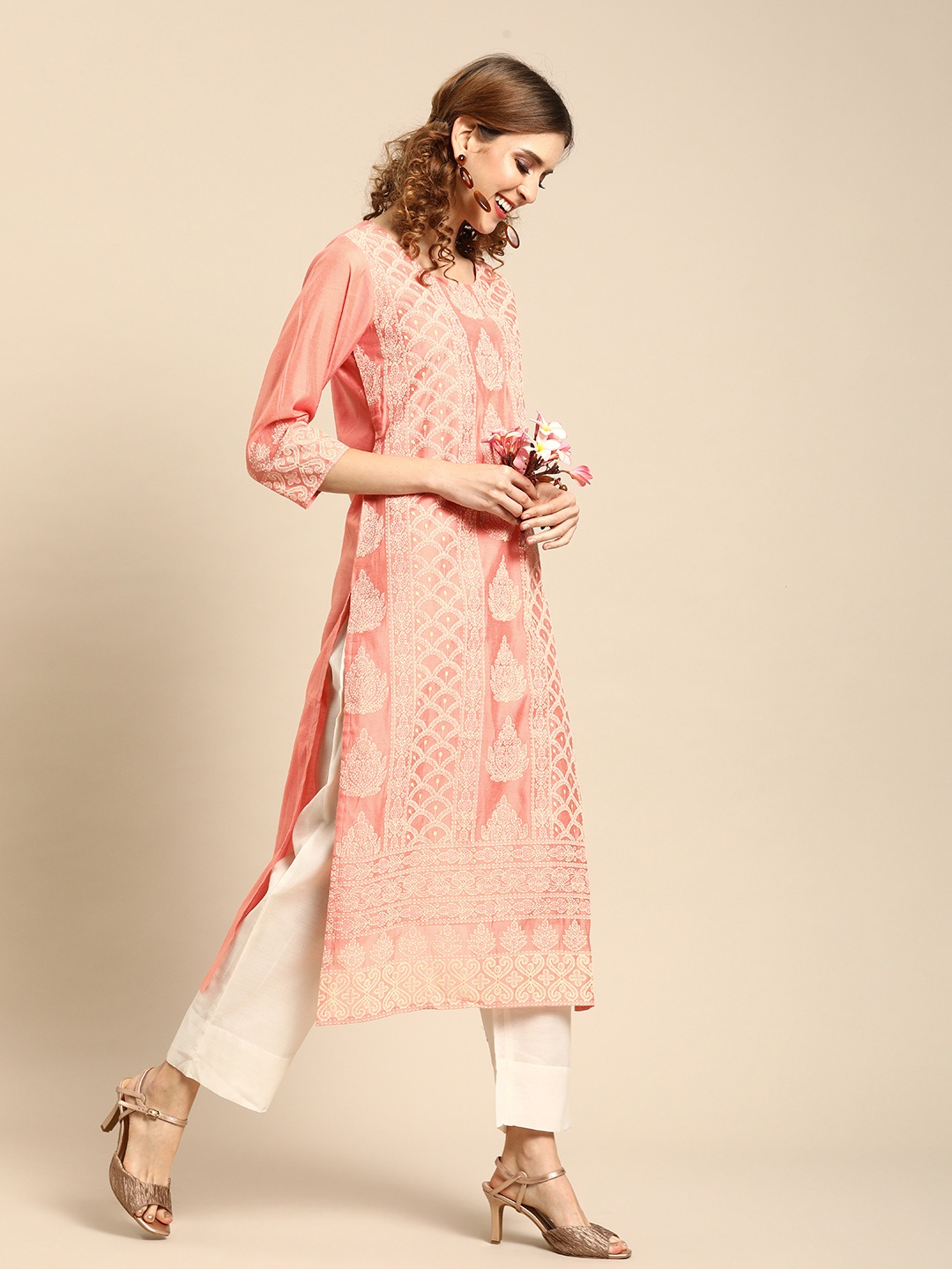 

Varanga Women Peach-Coloured & Off-White Embroidered Kurta with Trousers