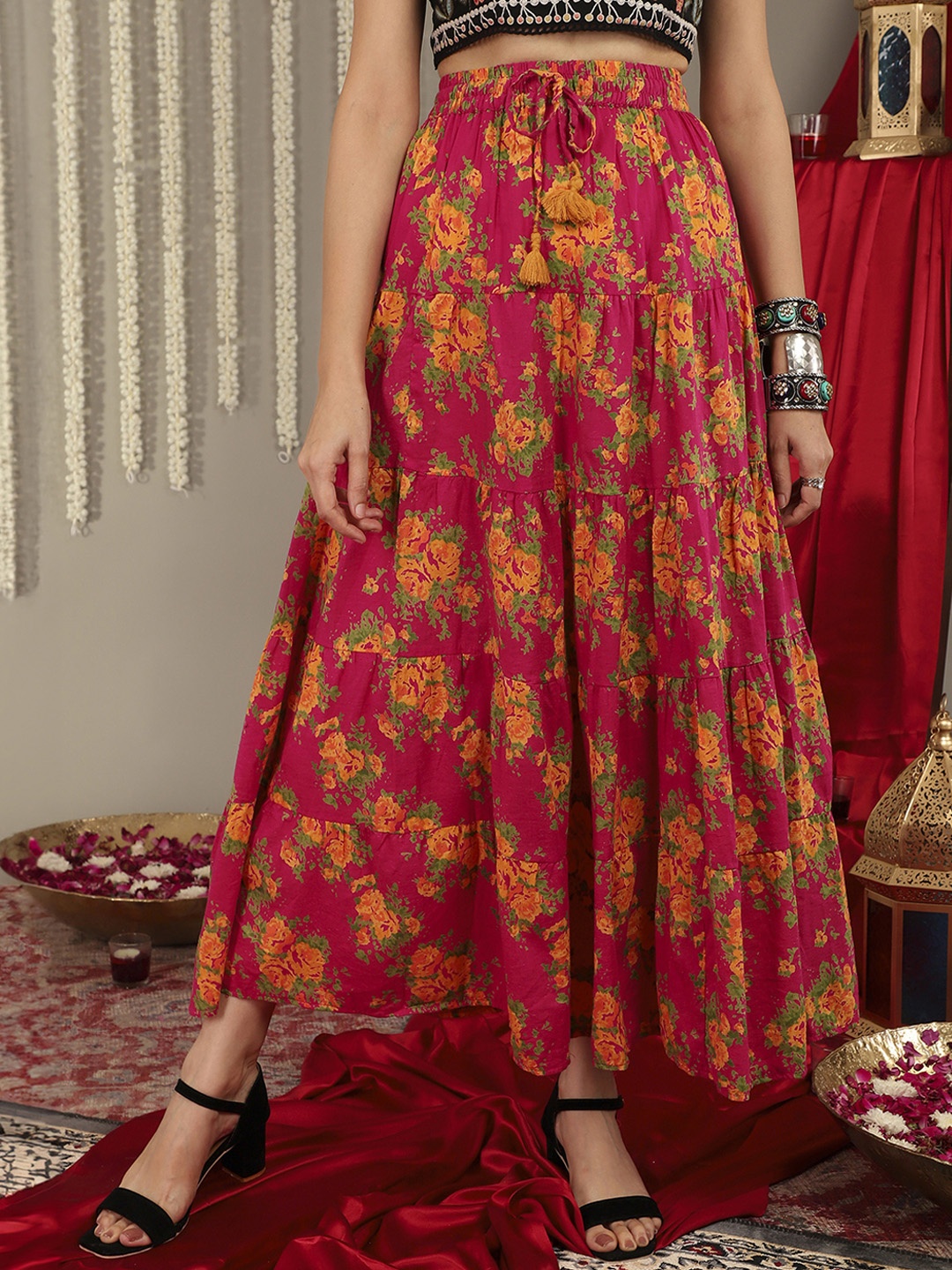 

Varanga Women Pink & Mustard-Yellow Printed Tiered Skirt With Lace Detailing