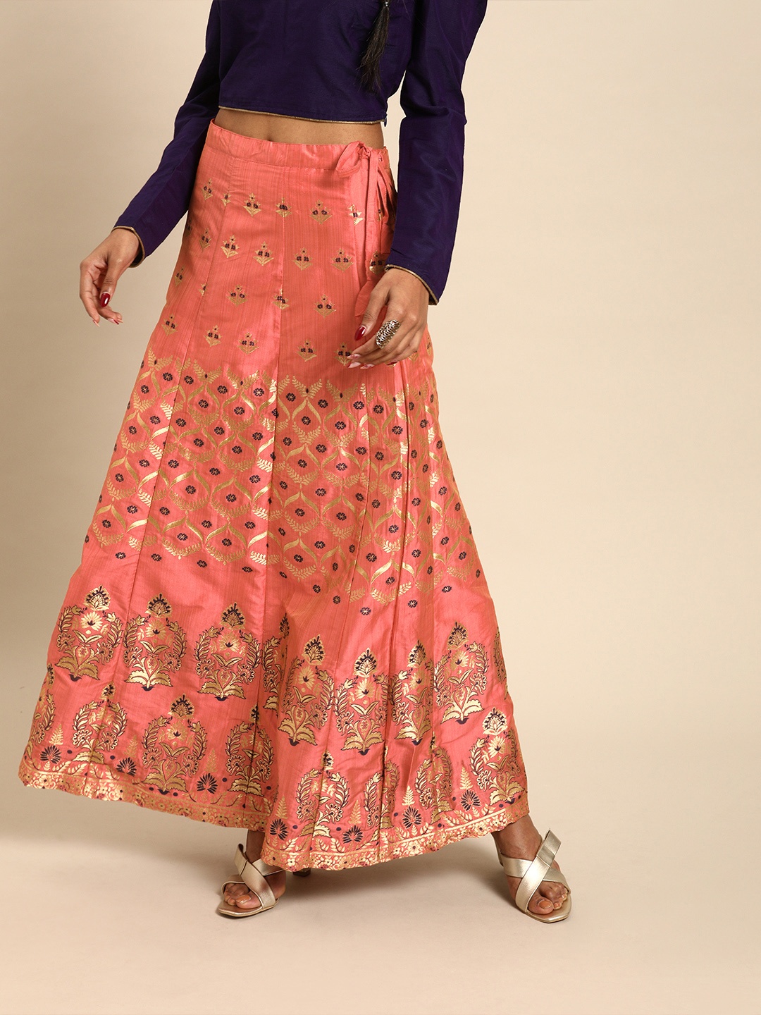 

Varanga Women Coral Pink & Golden Woven Design Flared Panelled Maxi Skirt