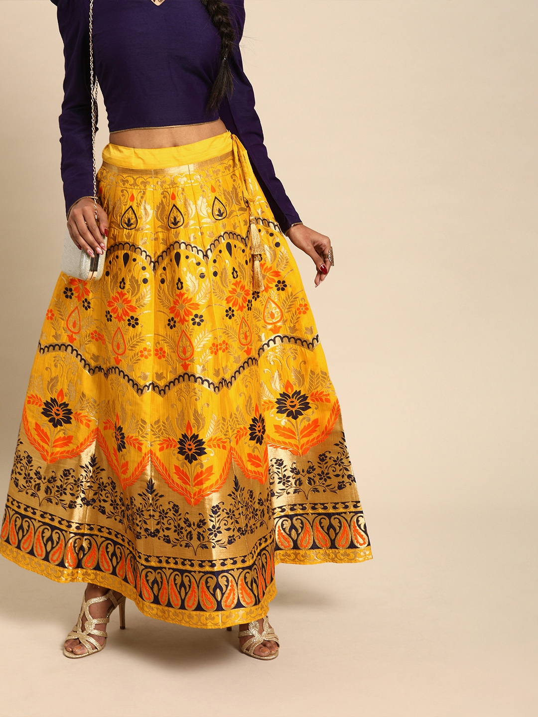 

Varanga Women Mustard Yellow & Golden Woven Design Flared Panelled Maxi Skirt
