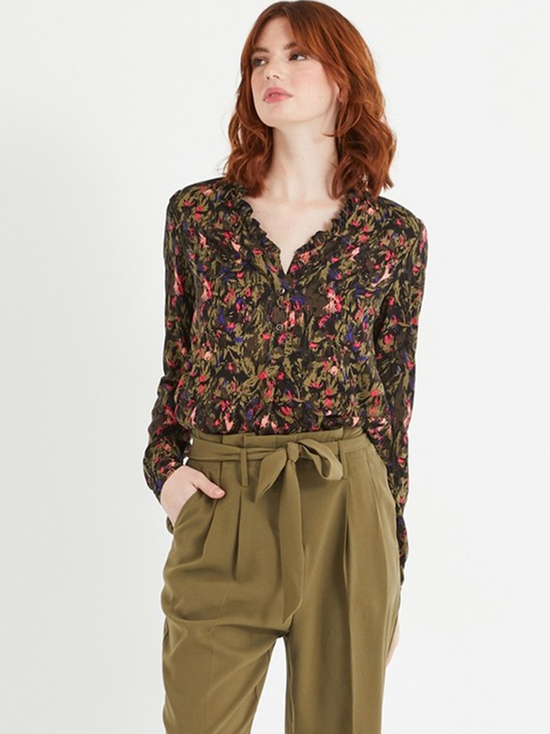 

promod Women Olive Green & Pink Printed Top