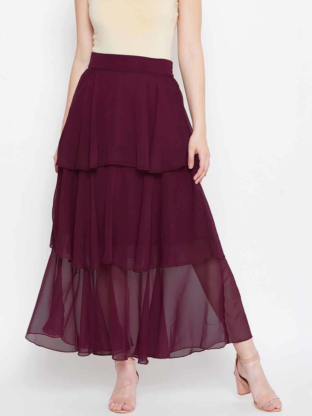 

Bitterlime Women Burgundy Solid Midi A-line Skirt