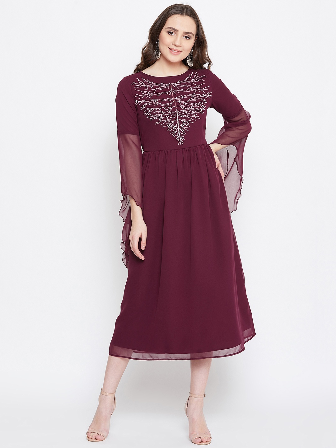 

Bitterlime Women Burgundy Solid Fit and Flare Dress