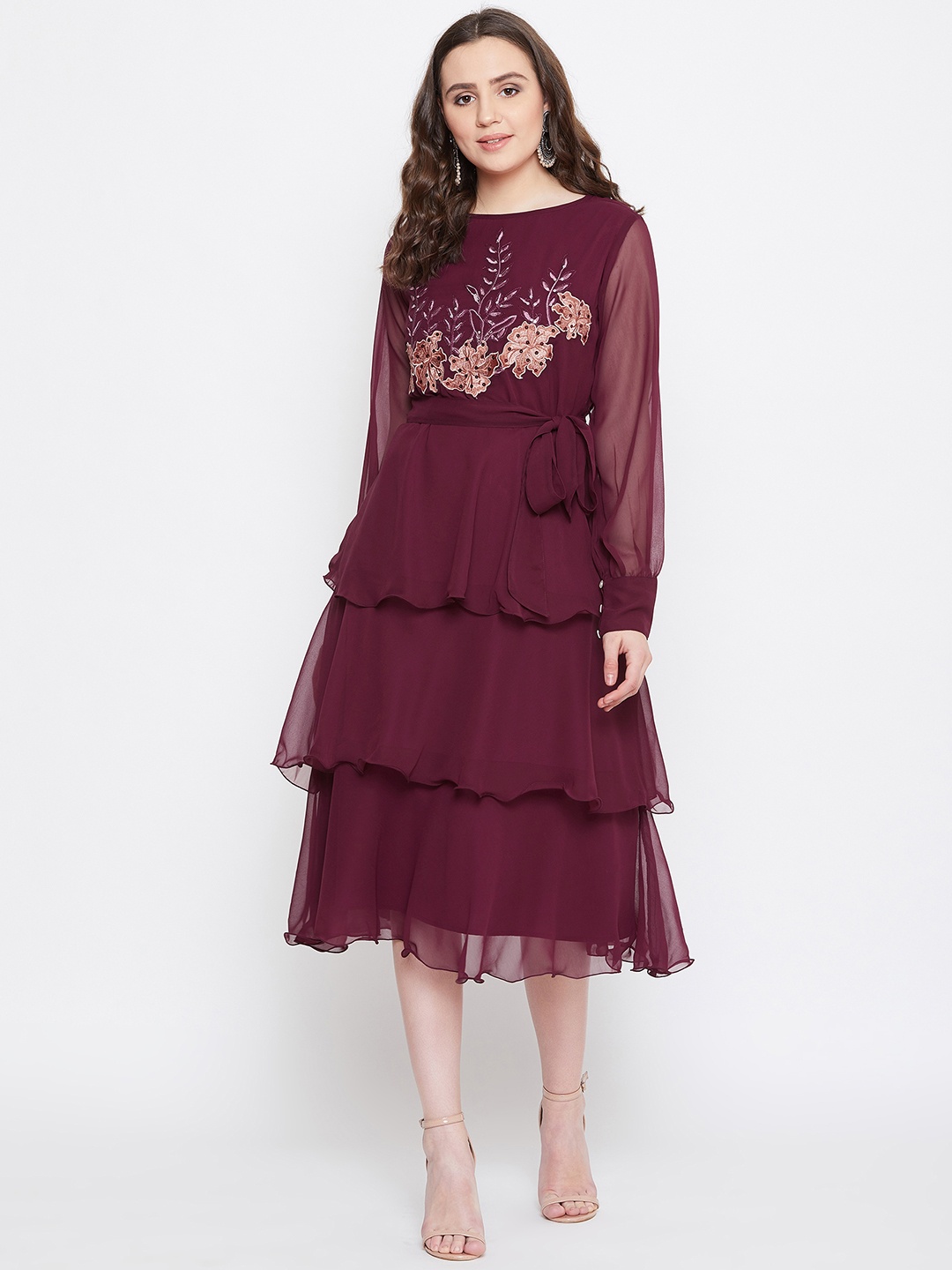 

Bitterlime Women Burgundy Embroidered Fit and Flare Dress