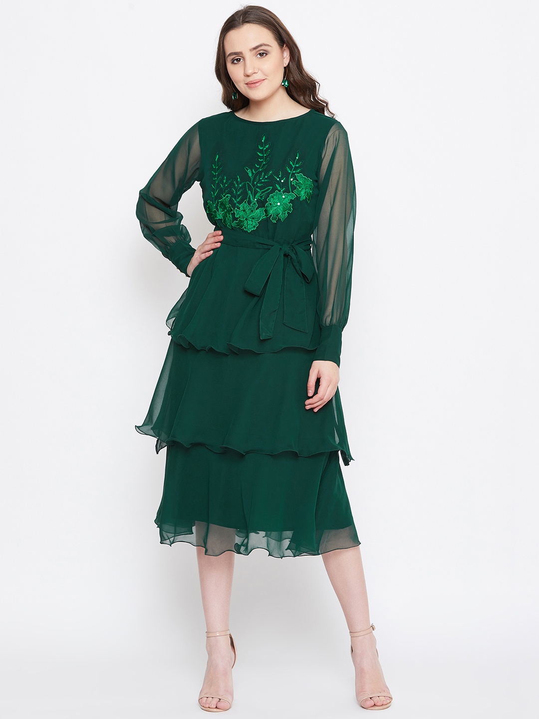 

Bitterlime Women Green Embroidered Fit and Flare Dress