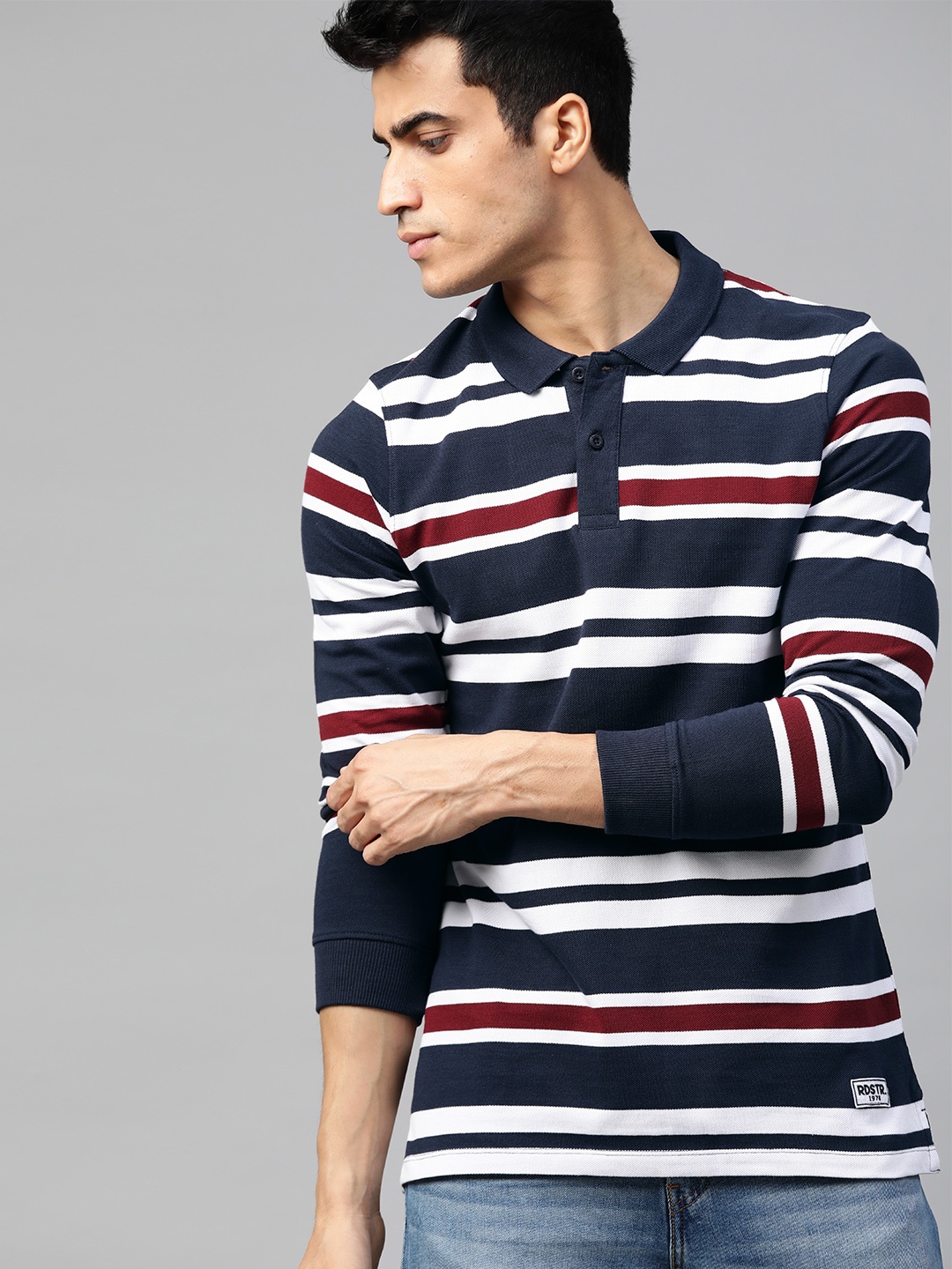 

Roadster Men Navy Blue White Striped Polo Collar Pure Cotton T-shirt