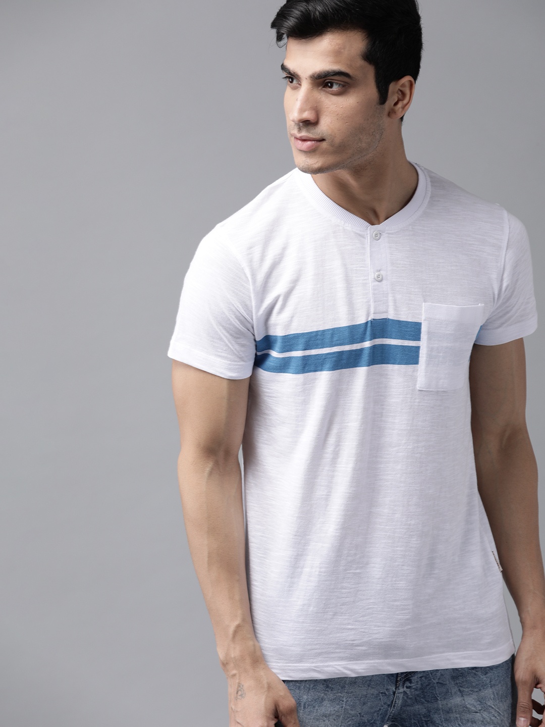 

Roadster Men White Blue Striped Detailed Henley Neck Pure Cotton T-shirt