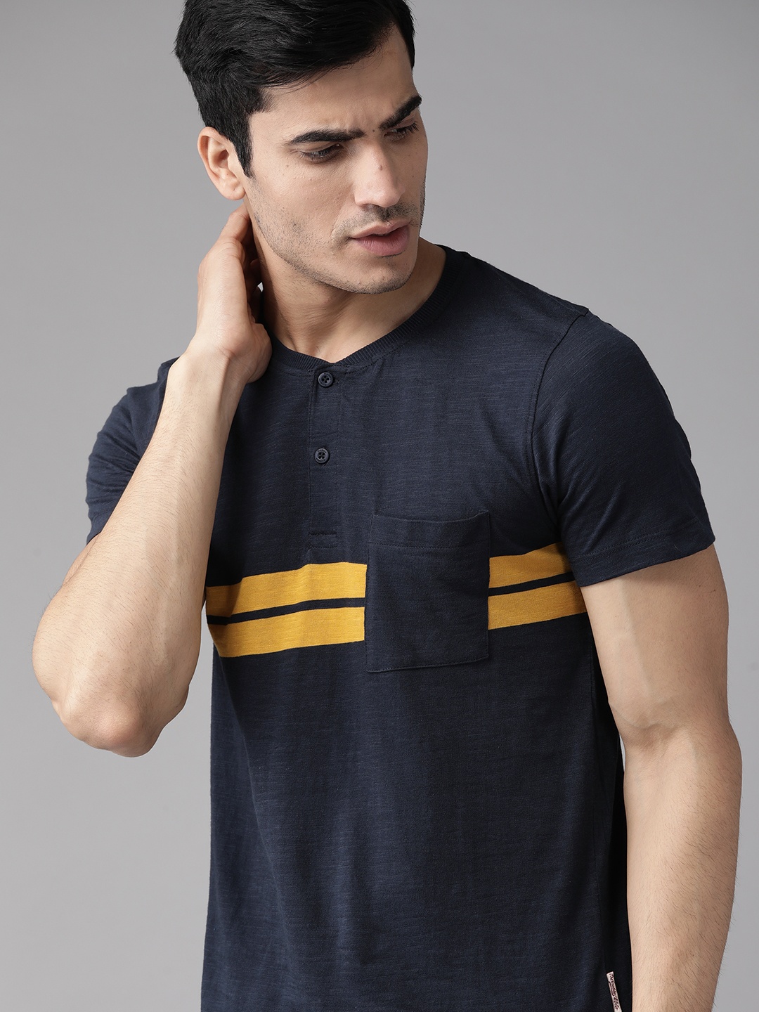 

Roadster Men Navy Blue & Mustard Yellow Striped Henley Neck T-shirt
