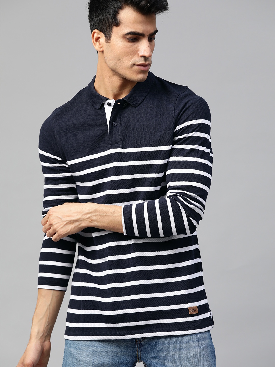 

Roadster Men Navy Blue White Striped Polo Collar Pure Cotton T-shirt