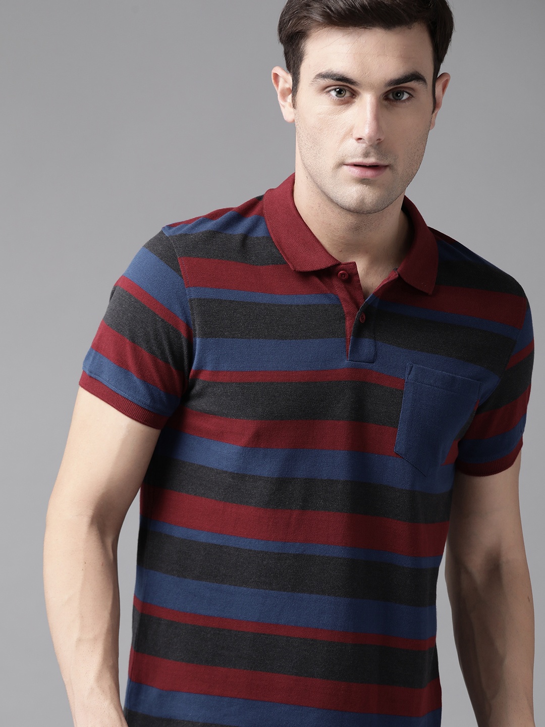 

Roadster Men Charcoal Grey Maroon Striped Polo Collar Pure Cotton T-shirt