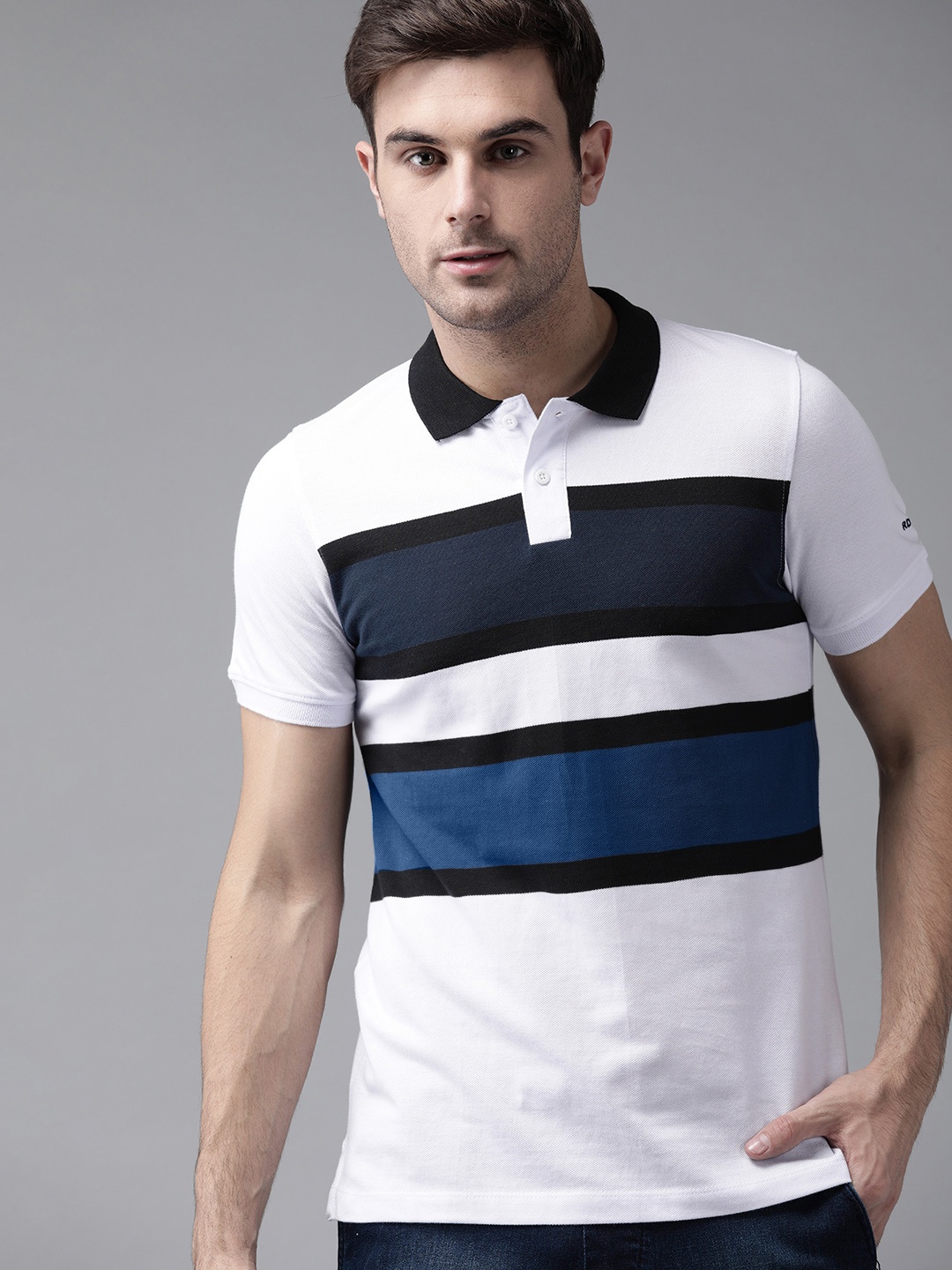 

Roadster Men White Navy Blue Striped Polo Collar Pure Cotton T-shirt