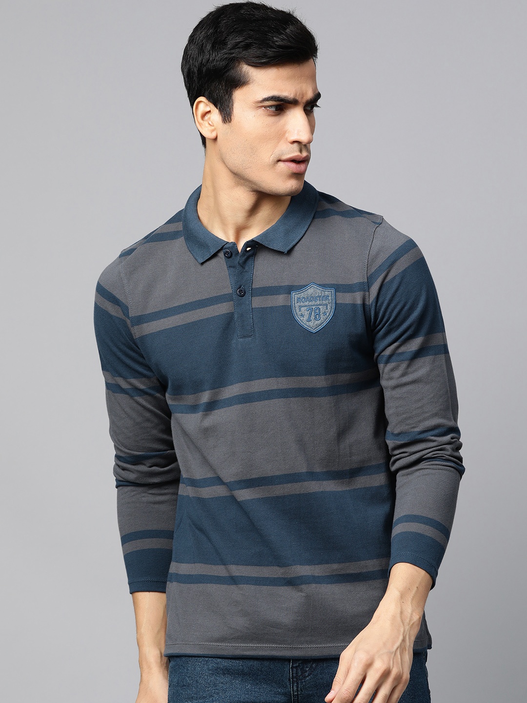 

Roadster Men Navy Blue & Charcoal Grey Striped Polo Collar T-shirt