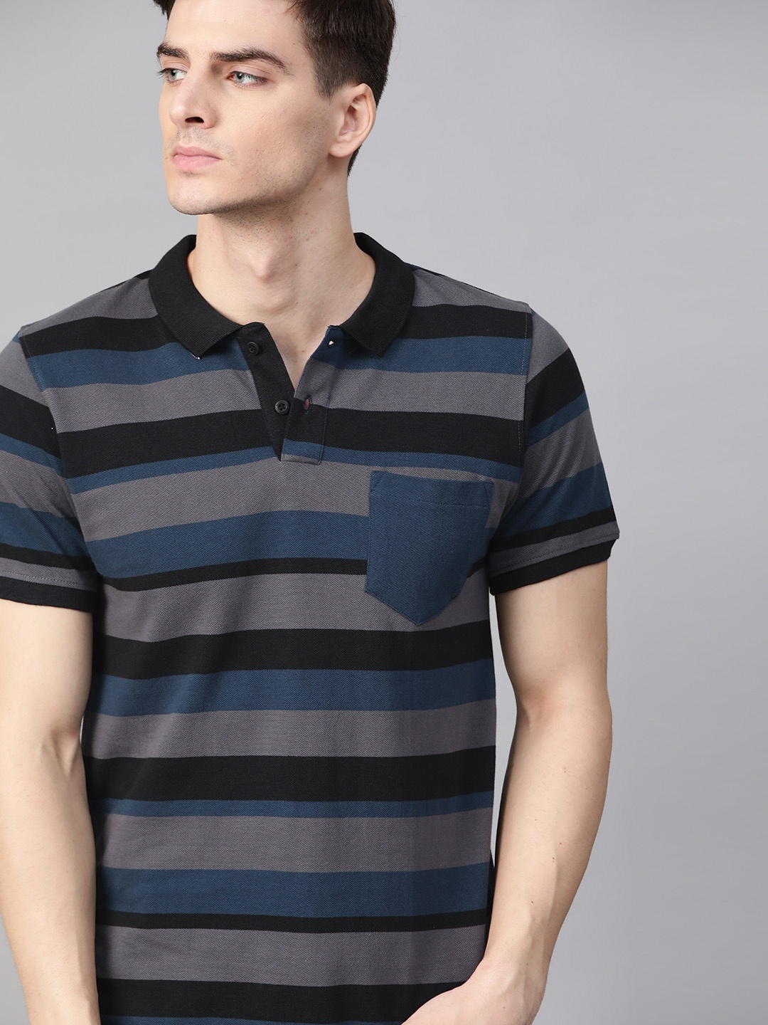 

Roadster Men Grey & Blue Striped Polo Collar T-shirt