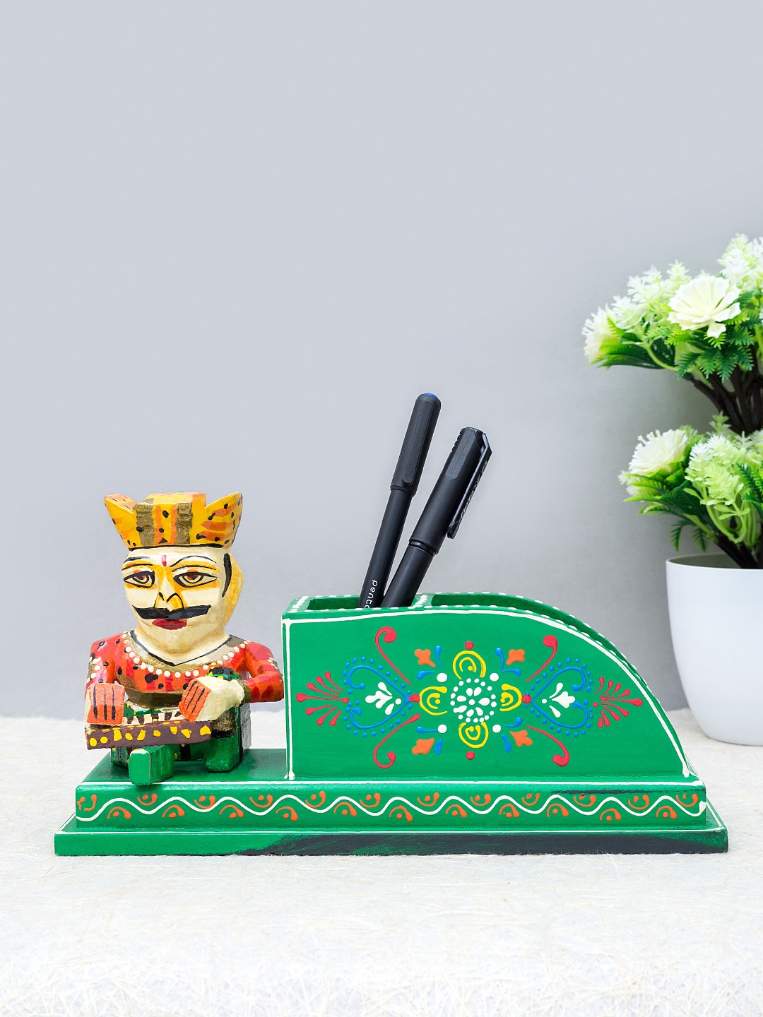 

Golden Peacock Green & Yellow Painted Handcrafted Wooden Musician Pen Stand