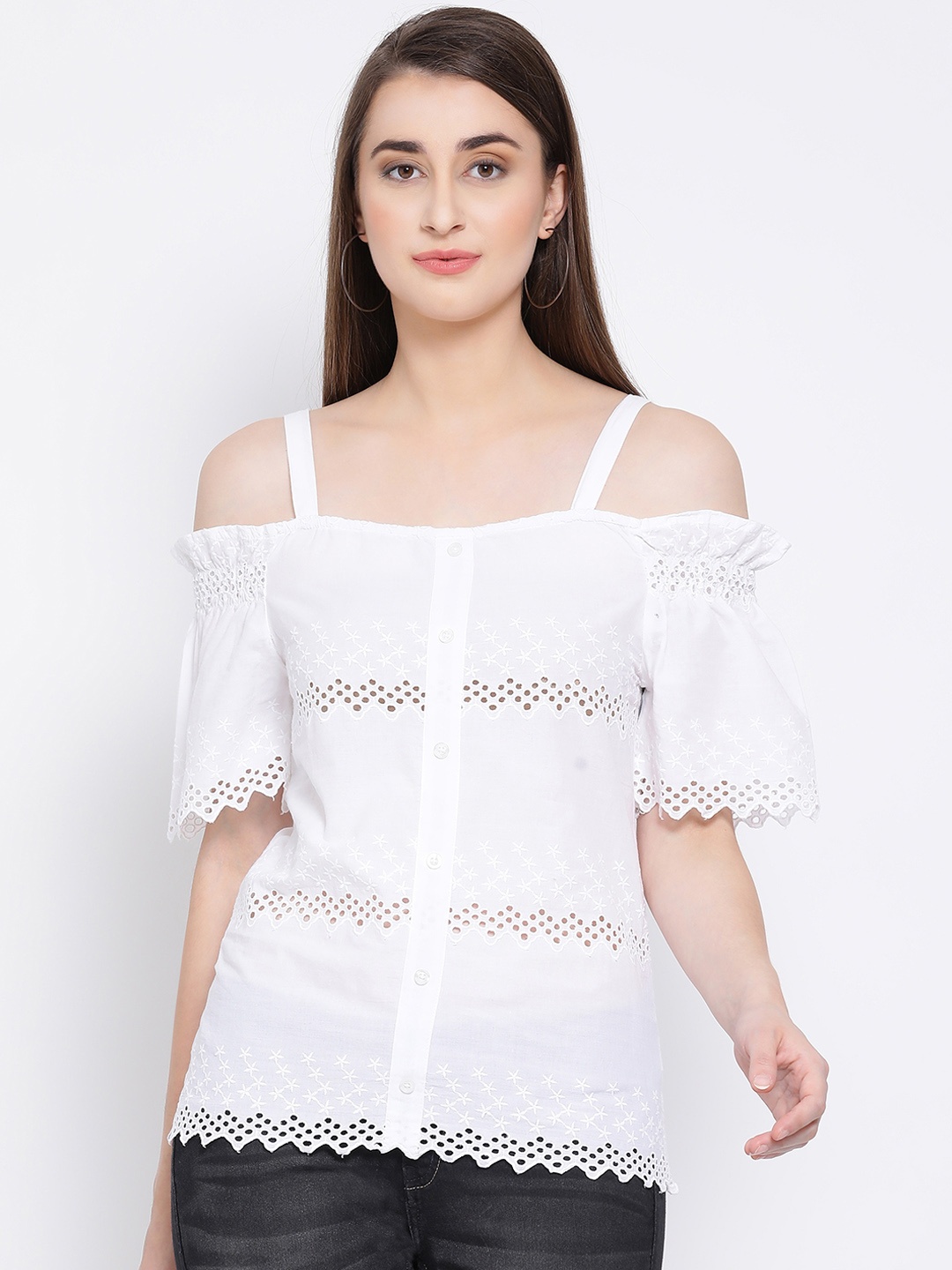 

Oxolloxo Women White Self Design A-Line Pure Cotton Top