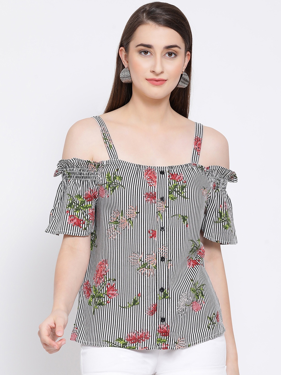 

Oxolloxo Women Black Striped A-Line Top with Floral Detail