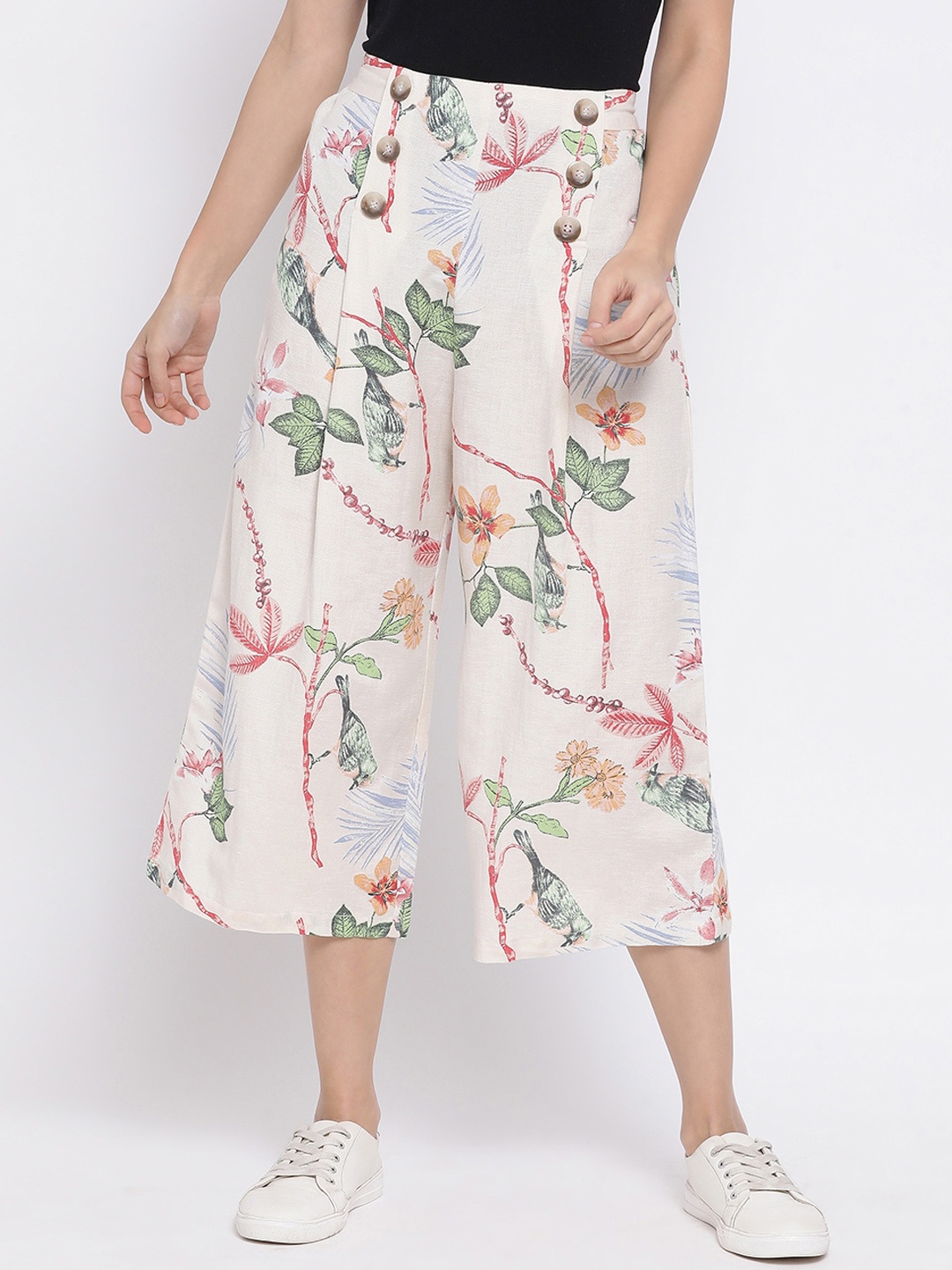 

Oxolloxo Women Cream-Coloured & Green Regular Fit Printed Culottes