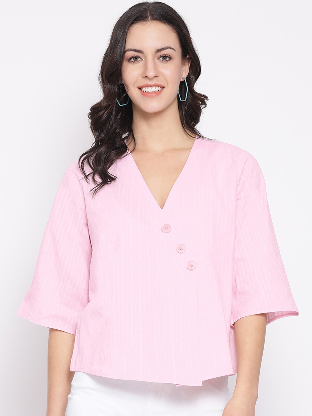 

Oxolloxo Women Pink Striped Wrap Pure Cotton Top