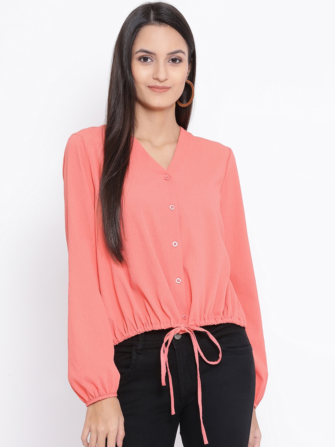 

Oxolloxo Women Coral Pink Solid Blouson Top