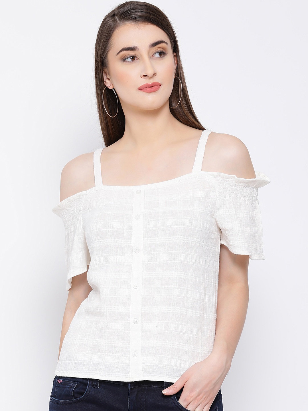 

Oxolloxo Women Off-White Checked A-Line Pure Cotton Top