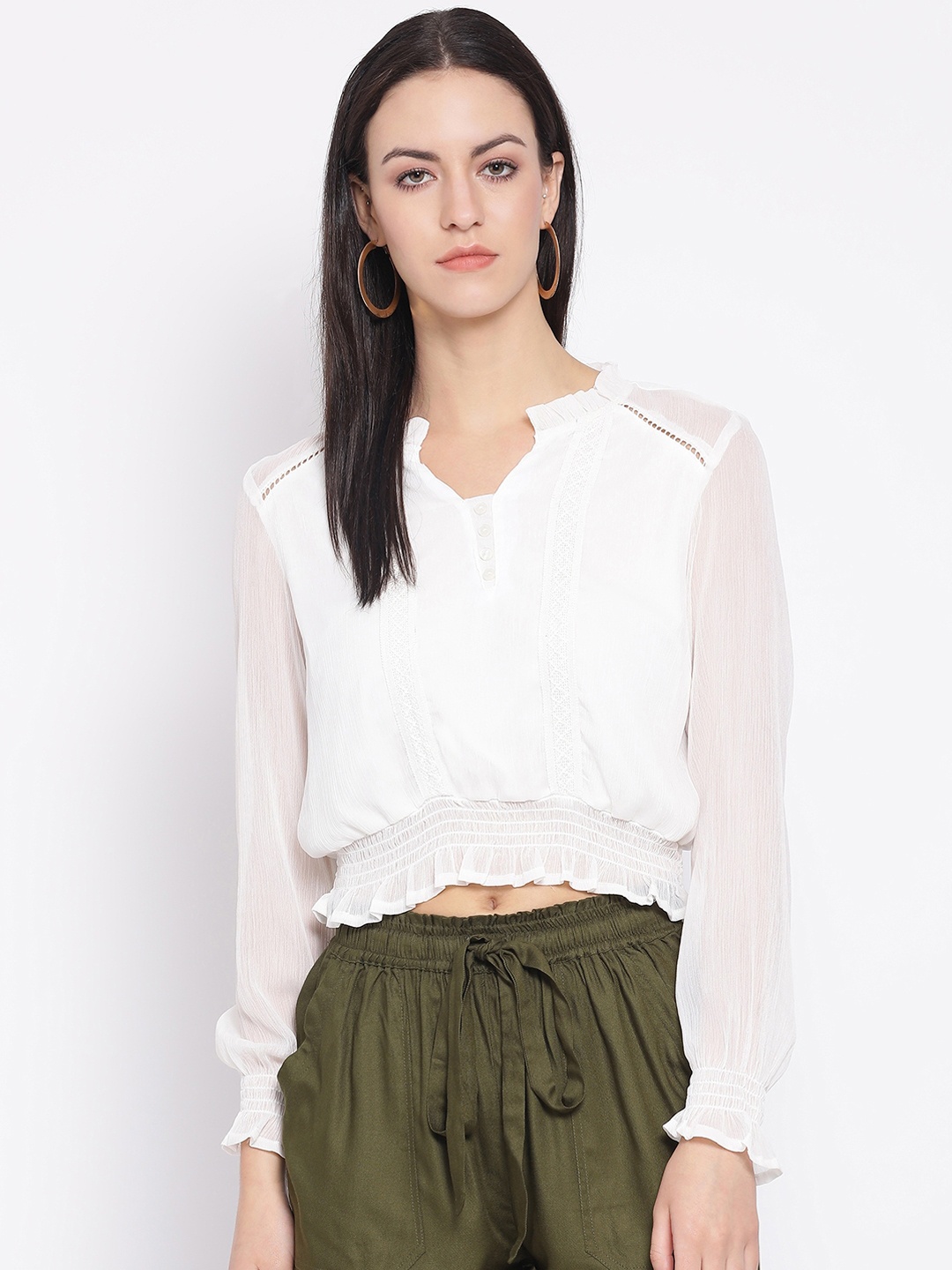 

Oxolloxo Women White Self Design Blouson Crop Top