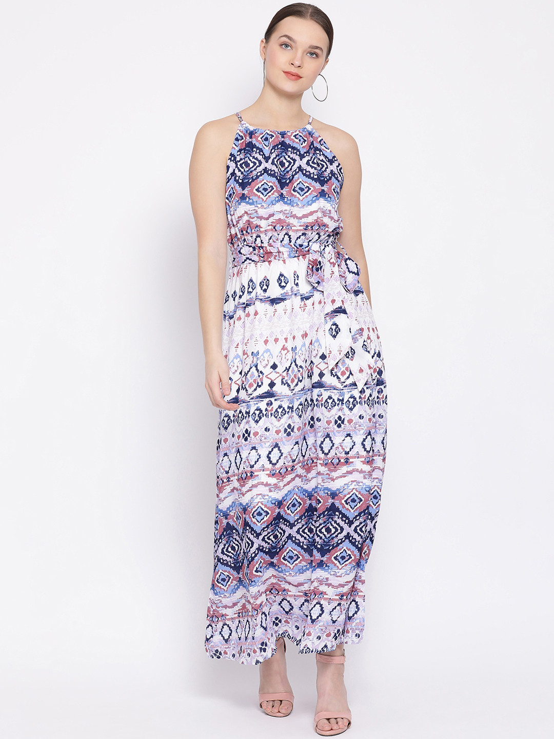 

Oxolloxo Women White & Navy Blue Printed Maxi Dress