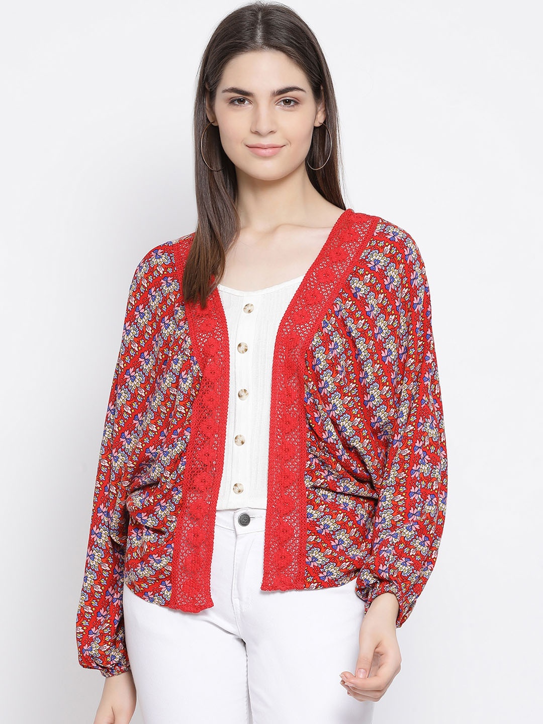 

Oxolloxo Women Red Printed Open Front Shrug