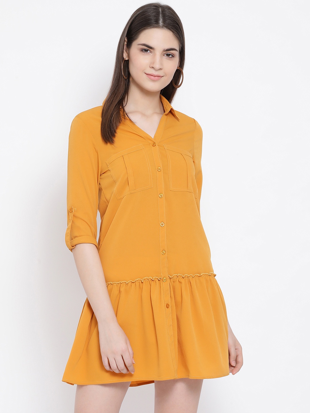 

Oxolloxo Women Mustard Yellow Solid Shirt Dress