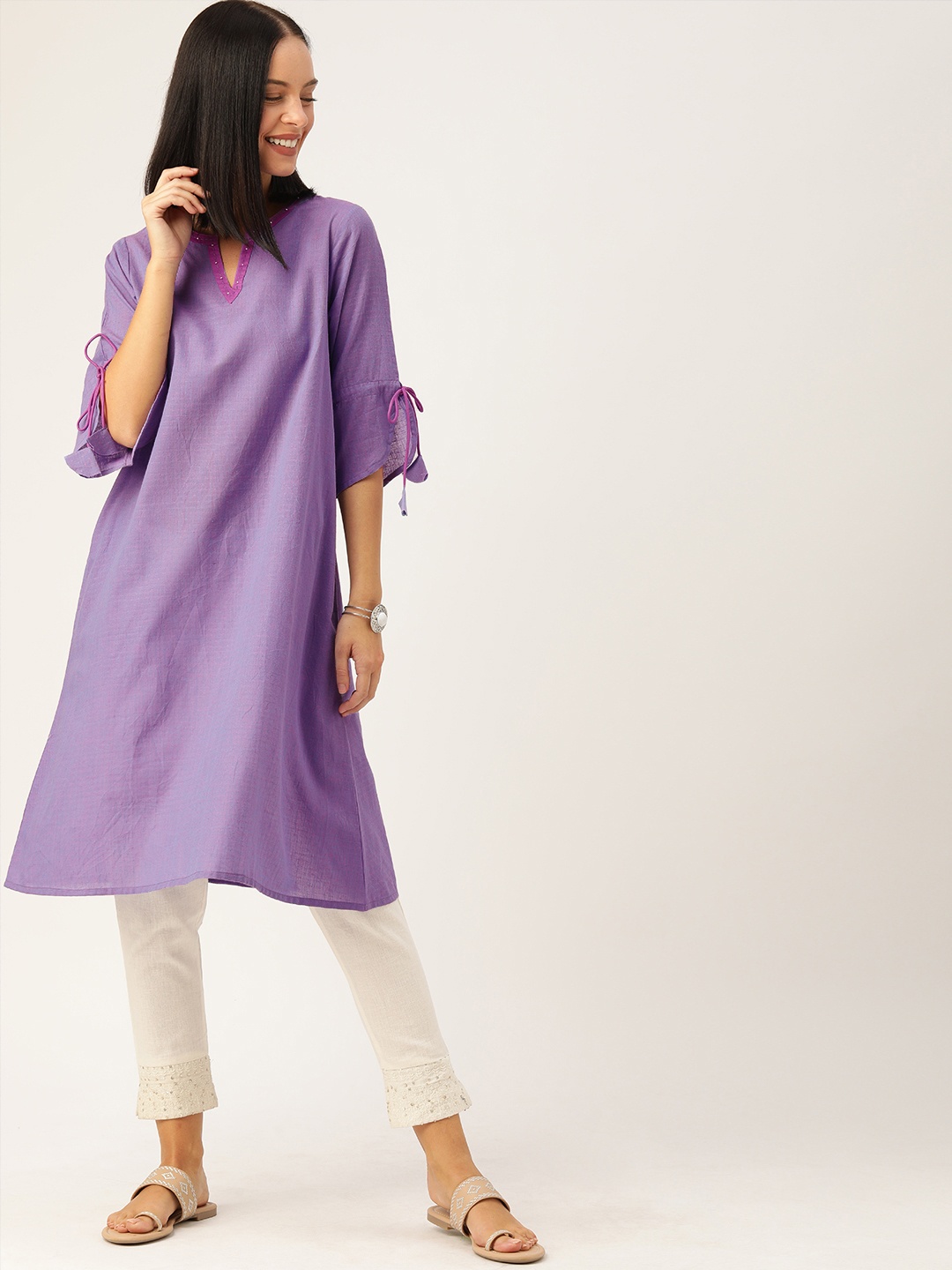 

Taavi Women Lavender Solid Woven Legacy Straight Sustainable Kurta With Slit Sleeves & Tie-Up Detail