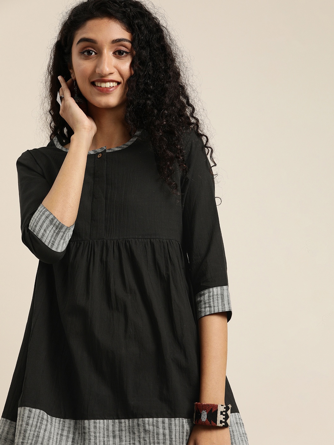 

Taavi Black Woven Legacy A-Line Longline Pure Cotton Sustainable Top with Gathers