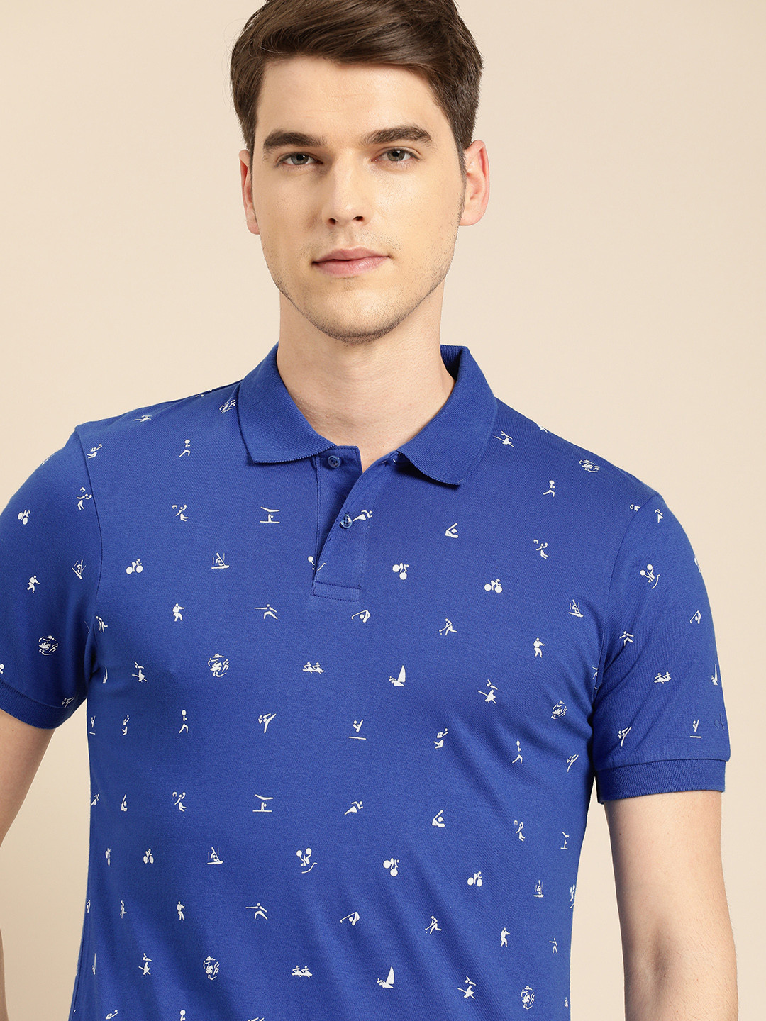 

ether Men Blue White Printed Polo Collar Pure Cotton T-shirt