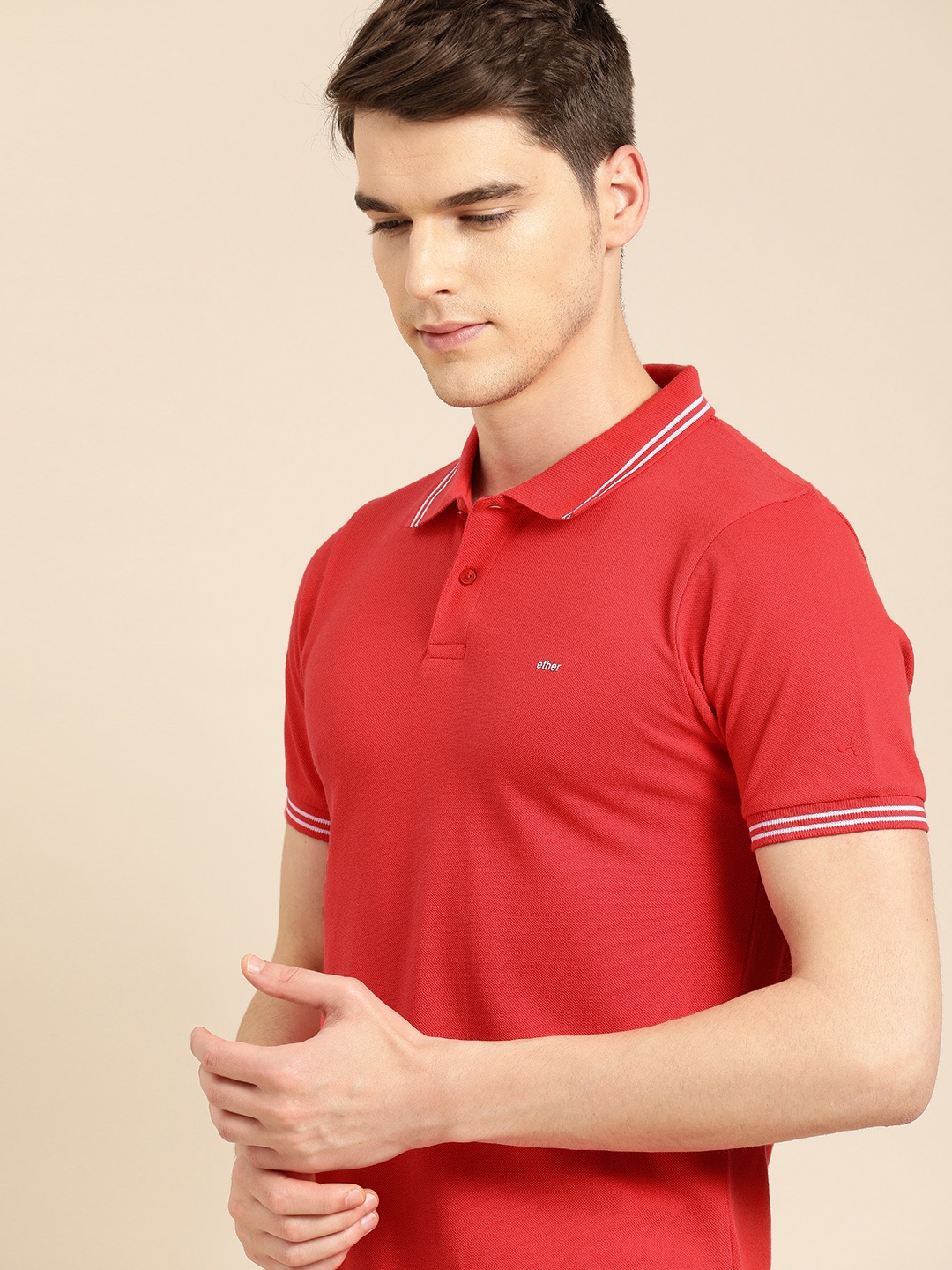 

ether Men Red Solid Polo Collar Pure Cotton T-shirt