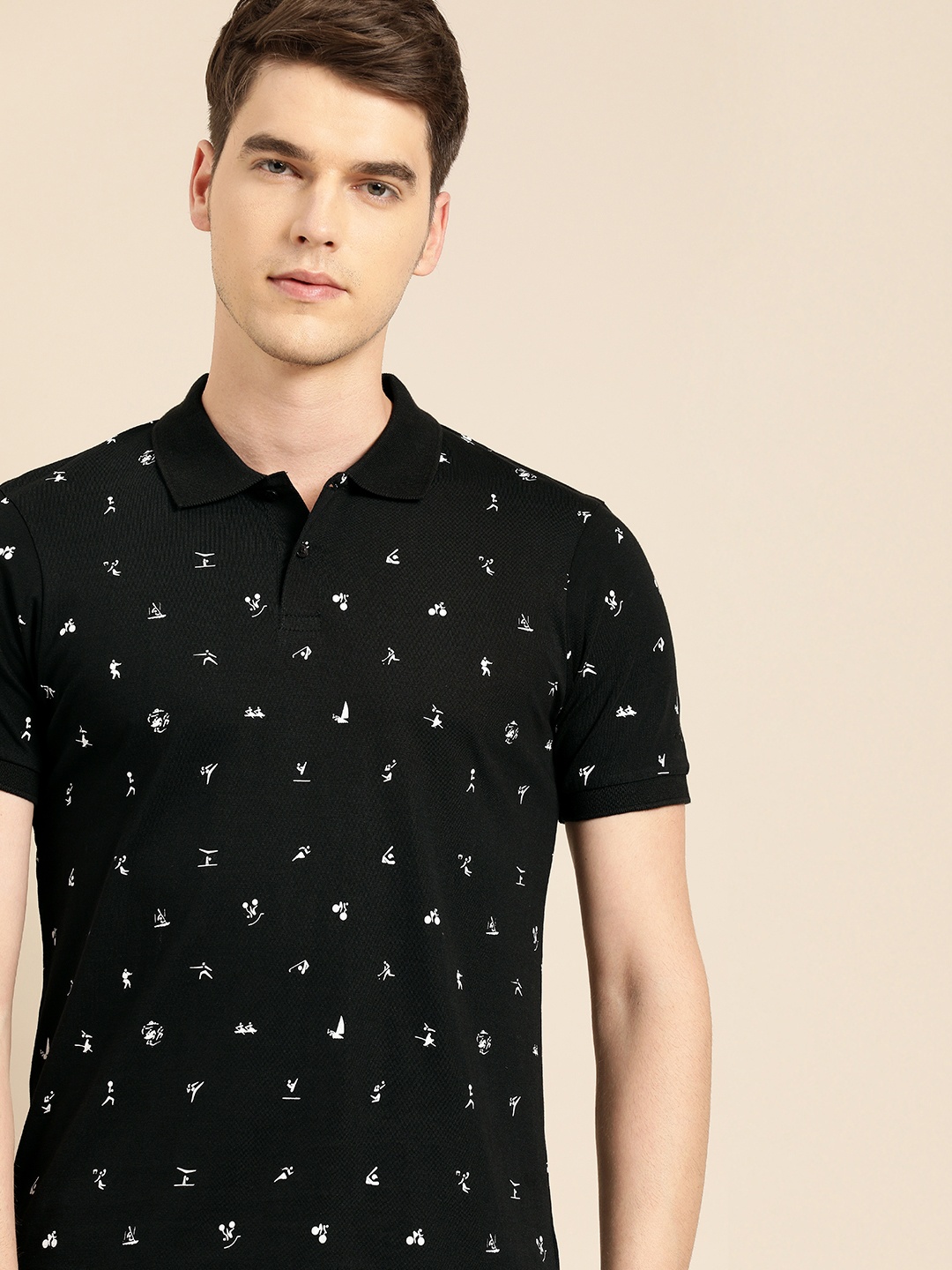 

ether Men Black White Printed Polo Collar Pure Cotton T-shirt