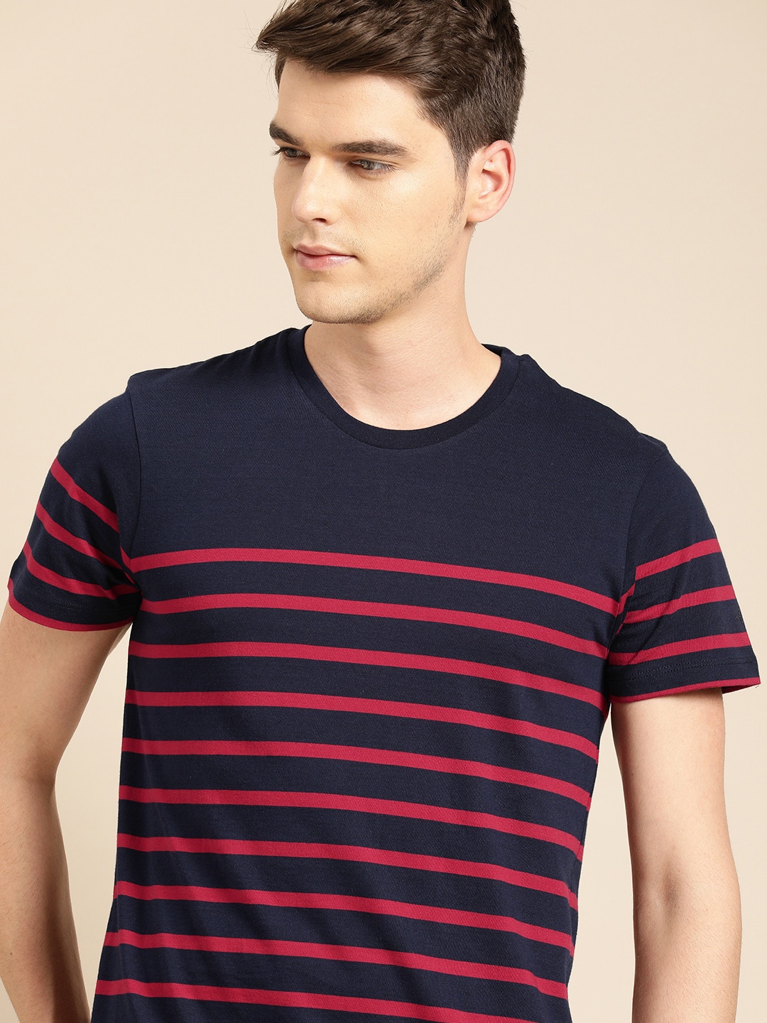 

ether Men Navy Blue Red Striped Round Neck Pure Cotton T-shirt
