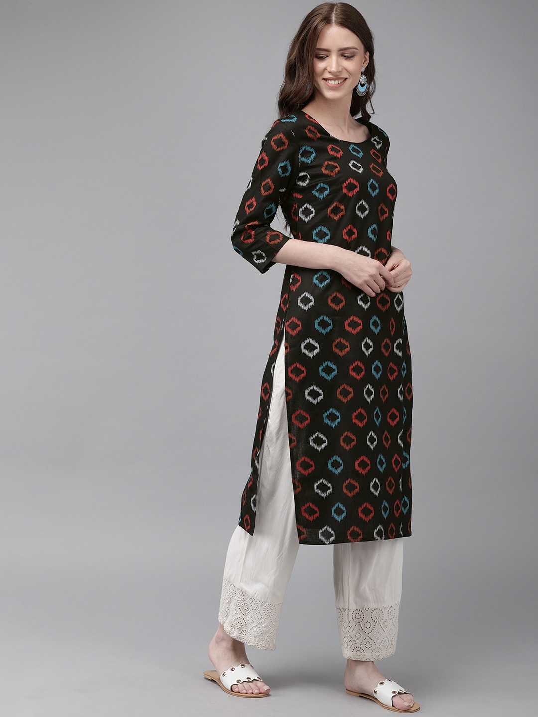 

Anouk Women Black & Blue Printed Straight Kurta