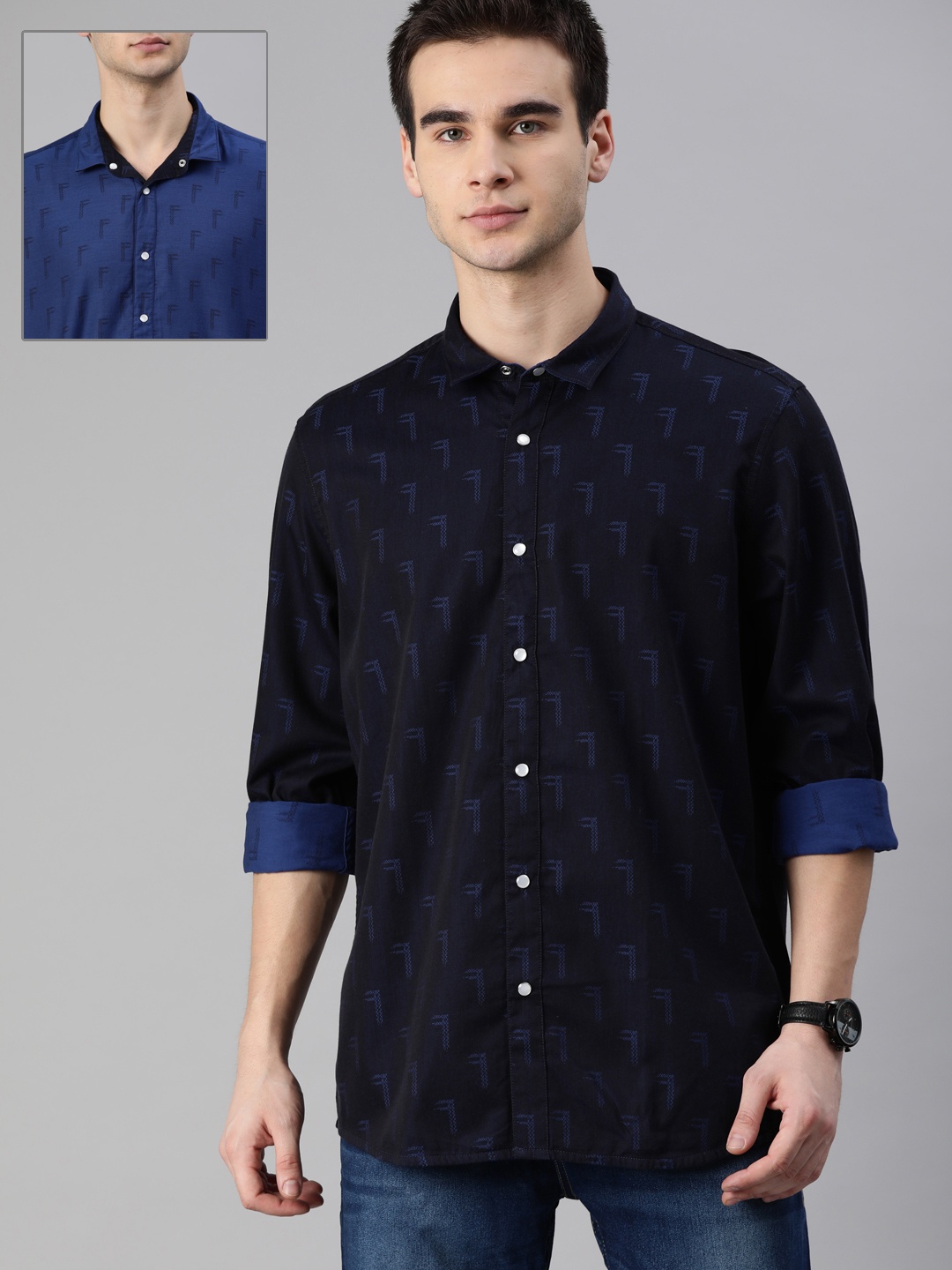 

Louis Philippe Jeans Men Blue Slim Fit Self Design Reversible Casual Shirt