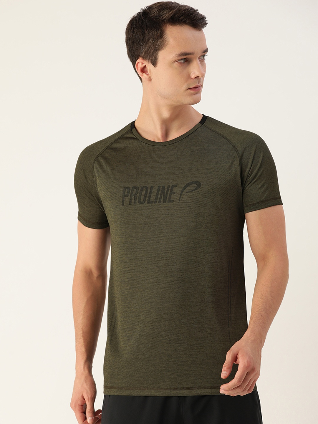 

Proline Active Men Olive Green Brand Logo Printed Everfresh T-shirt
