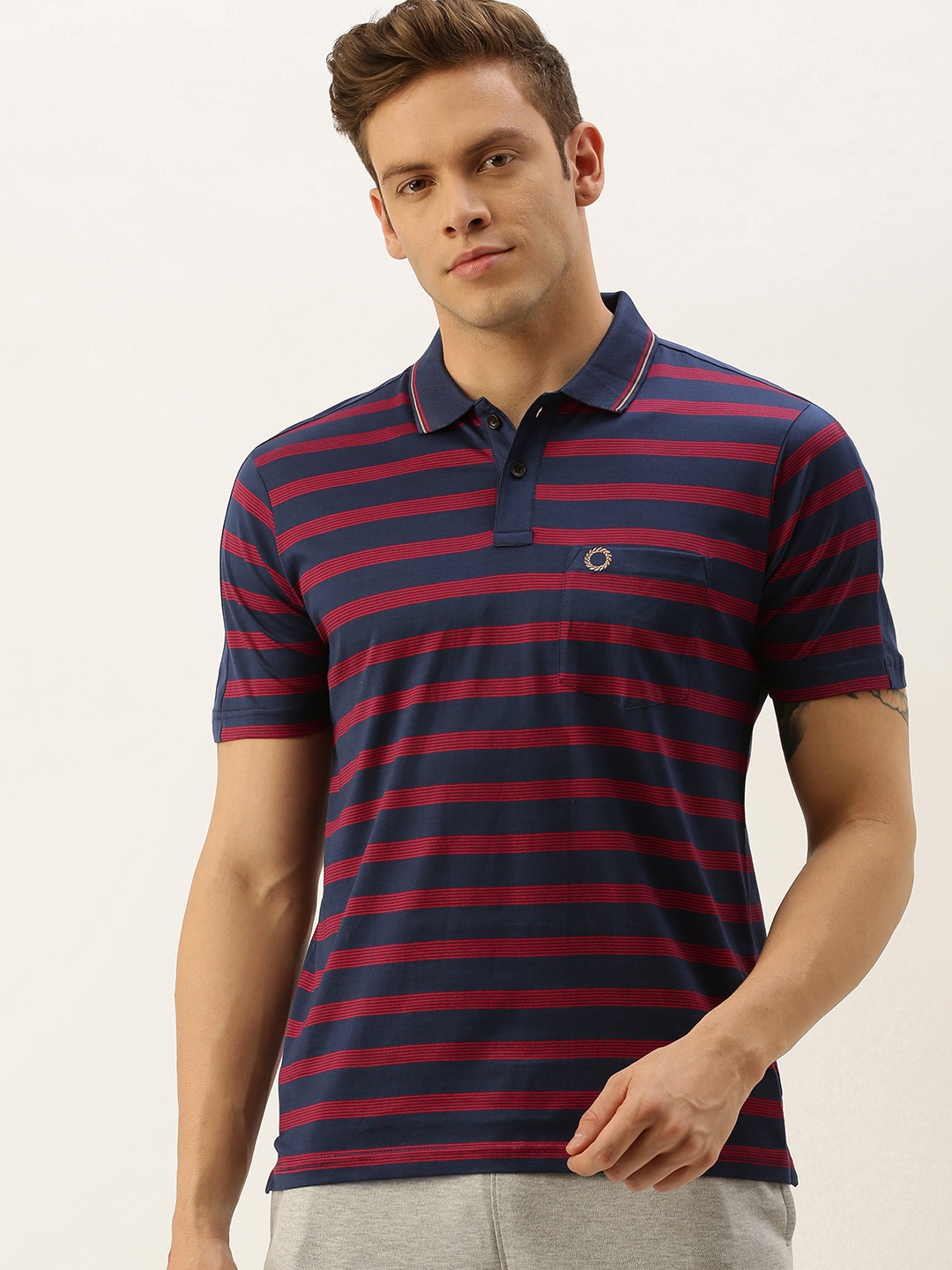 

Proline Active Men Navy Blue Red Striped Polo Collar Golf Pure Cotton T-shirt