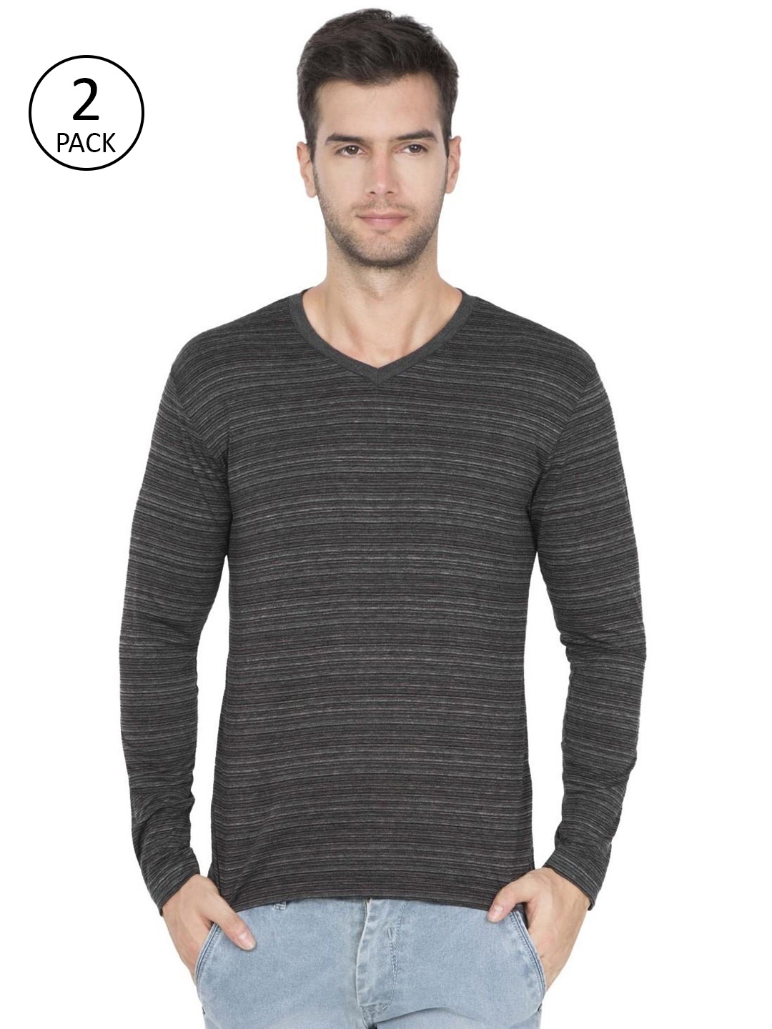 

Jockey Men Charcoal Grey Striped Pack of 2 T-shirts