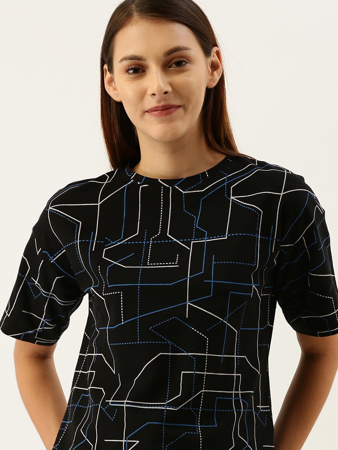 

ether Women Black & Blue Printed Round Neck T-shirt