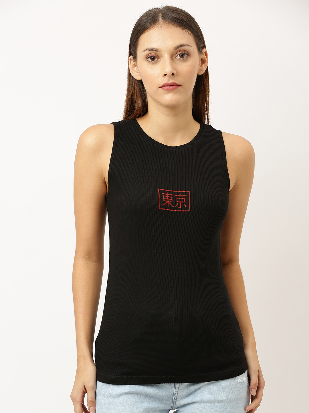 

ether Women Black Printed Round Neck Ribbed Pure Cotton T-shirt