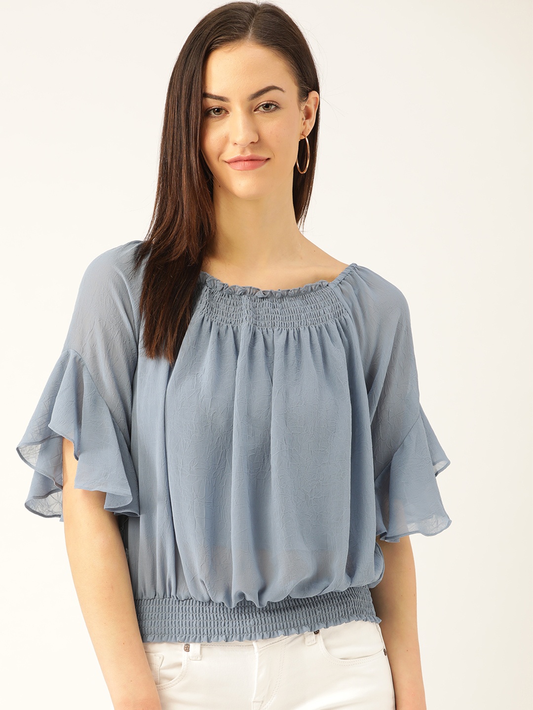 

Madame Women Blue Crinkled Effect Semi-Sheer Blouson Top
