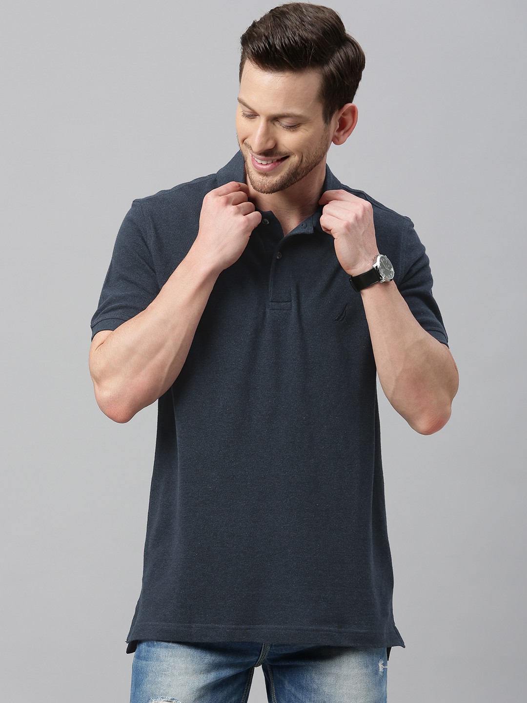 

Nautica Men Blue Solid Polo Collar Pure Cotton T-shirt