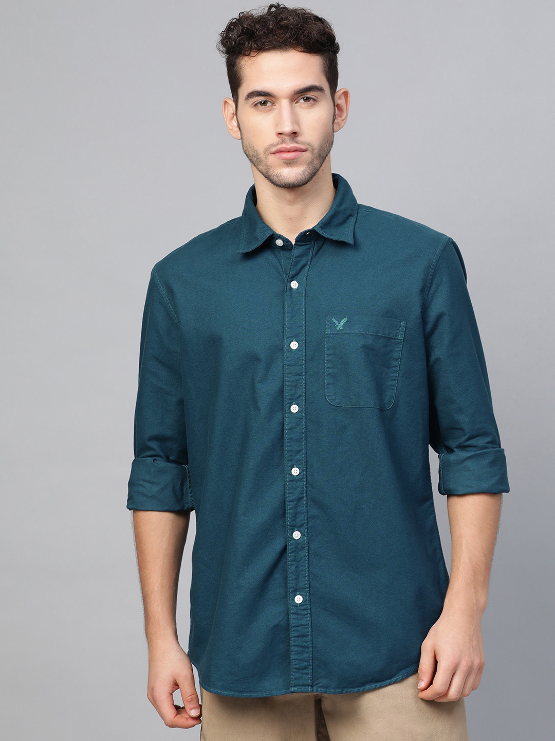 

AMERICAN EAGLE OUTFITTERS Men Teal Blue Slim Fit Solid Casual Shirt