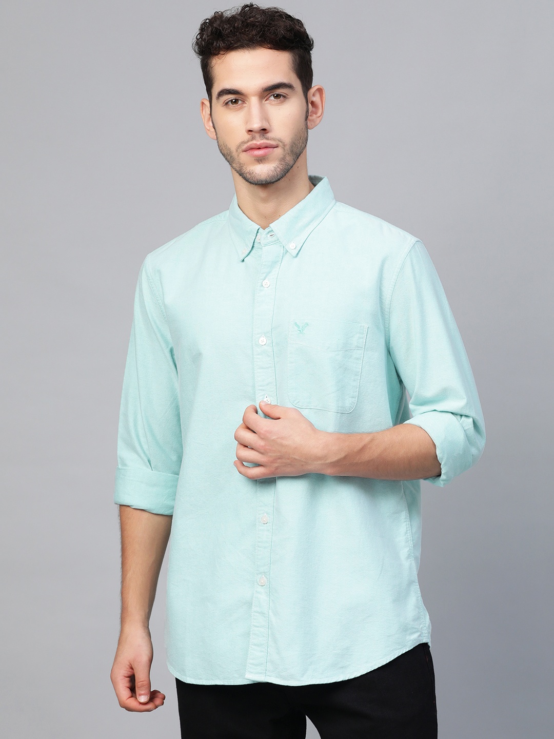 

AMERICAN EAGLE OUTFITTERS Men Sea Green Slim Fit Solid Casual Shirt
